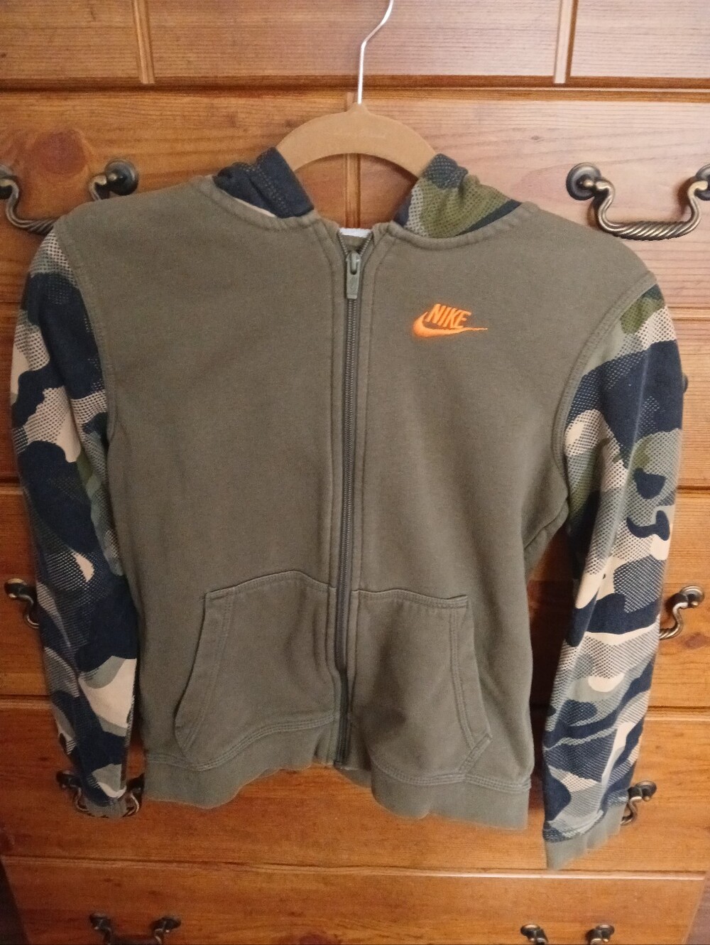 Nike Boys Olive Green Hoodie with Camo Sleeves- Size Large